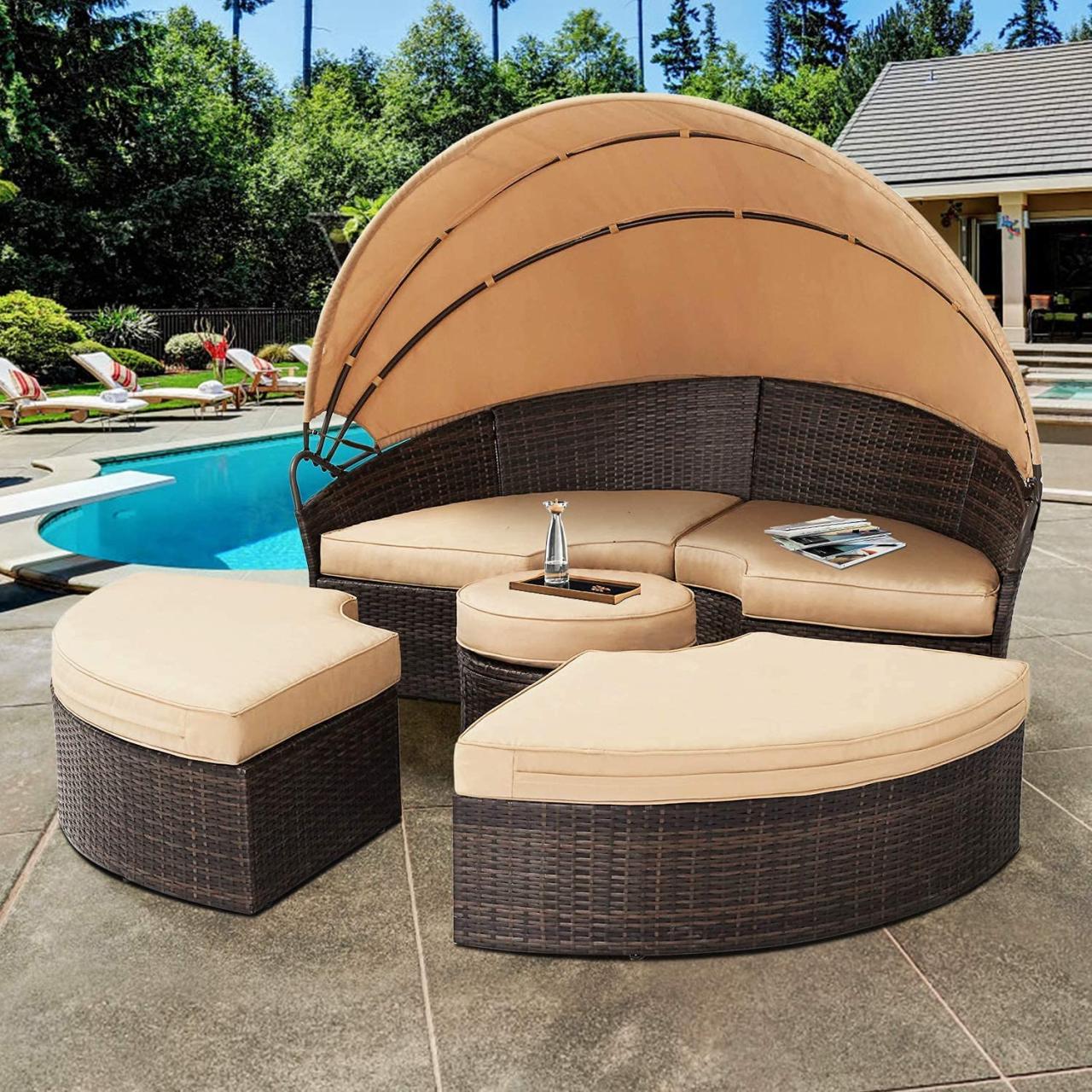 Buy SOLAURA Outdoor Round Daybed, Patio Daybed with Retractable Canopy and  Brown Wicker Patio Sectional Sofa, Seating Separates Cushioned Seats (4  Light Brown Pillow) Online in India. B07NPDW9Y6
